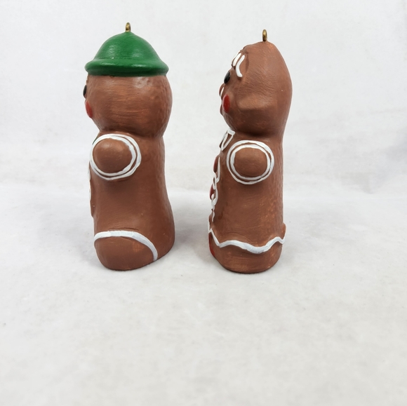 Vintage Painted Ceramic Bisque Gingerbread Couple Christmas Tree Ornaments - Picture 2 of 12